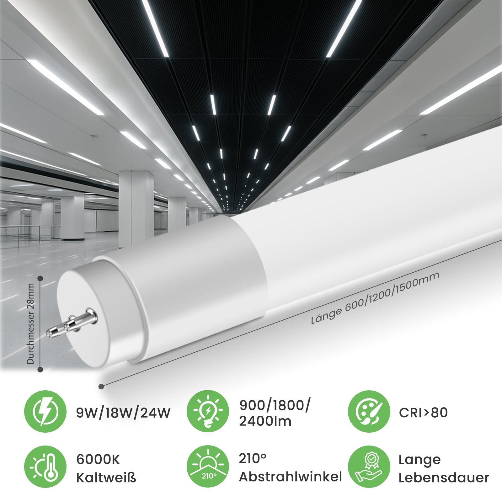 T8 LED Tube Light G13 60/120/150cm, 9W/18W/24W, 6000K Cool White, Fluorescent Replacement, Starter Included, 10 Pack