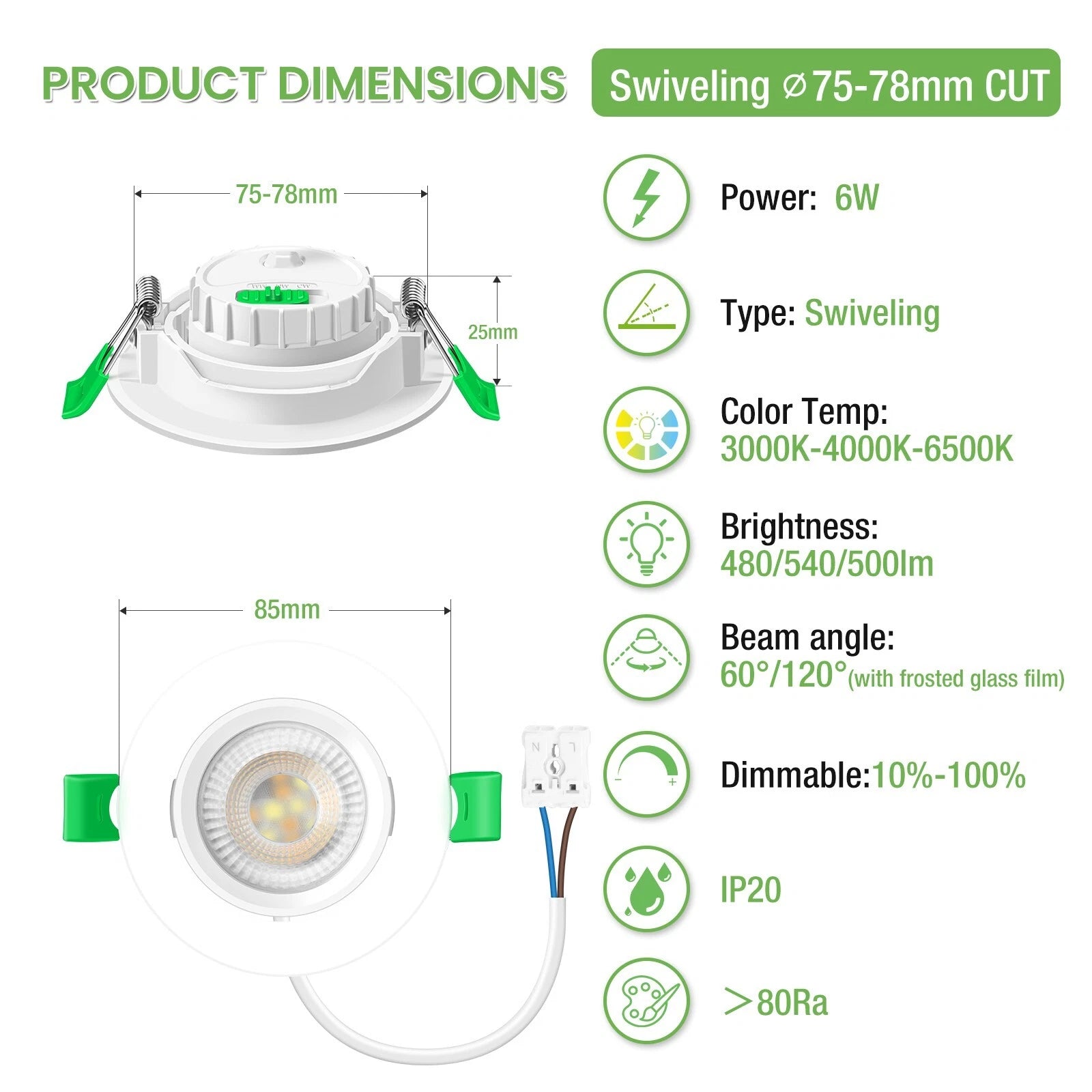 6W ∅75-78mm Swiveling White Recessed Led Ceiling Lights Tilt Angle, Tri-Color, Dimmable, 60°/120° Variable Beam Angle, IP20, 6 PACK