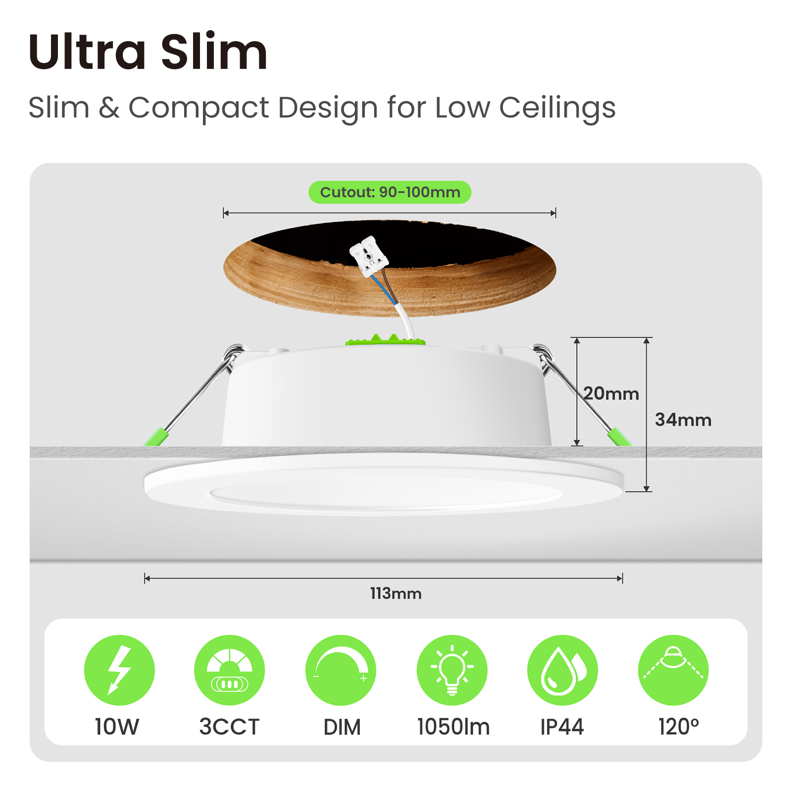 8W 10W 12W 90-130mm Recessed Led Ceiling Lights 1200lm High Bright, Tri-Color, Dimmable, IP44/IP65, 6 PACK