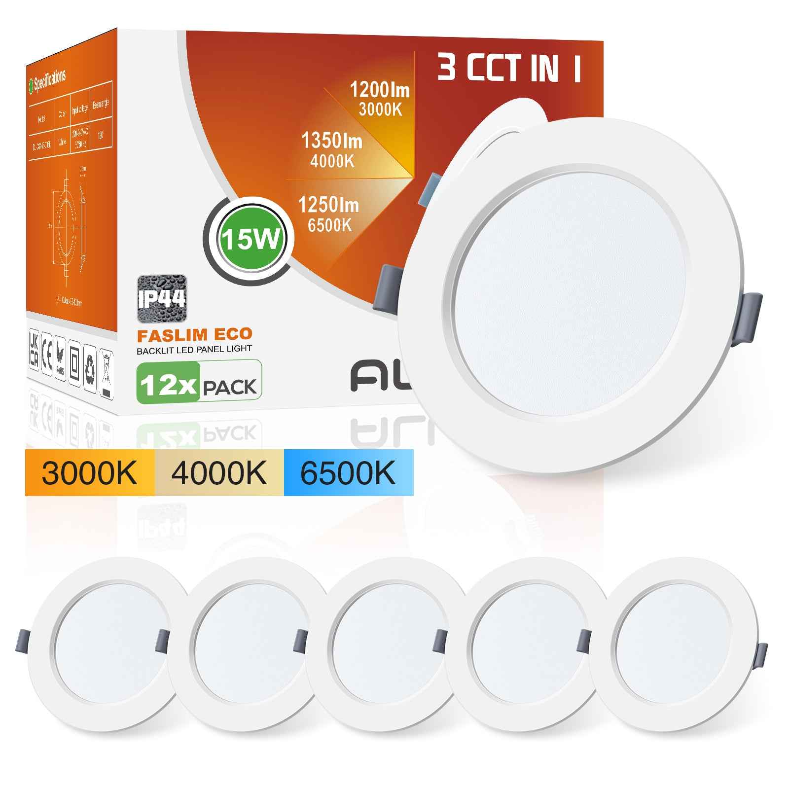 15W Ø145-160mm LED Recessed Ceiling Lights Utral Slim 3000K-6500K-4000K Changeable, 6 Pack, IP44 - ALUSSO LIGHTING