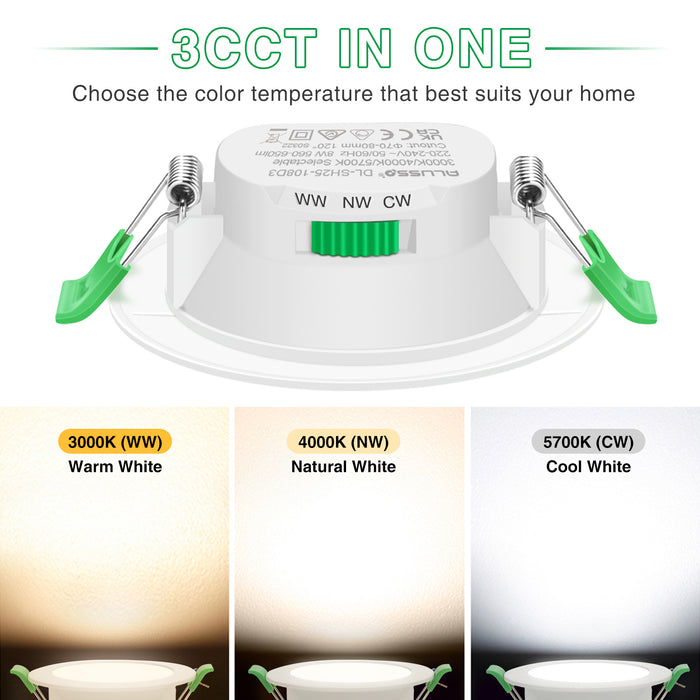 Led Downlight Dimmable Tri-colour 7W IP44 Ultra Slim Recessed Ceiling Lights, 67-75mm Cutout, 6 Pack