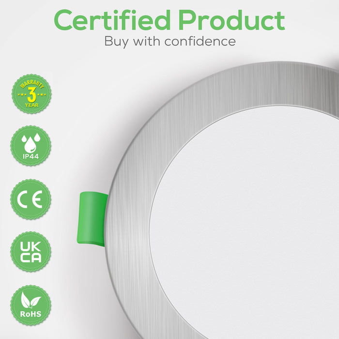10W Nickel Ultra Slim LED Downlight CCT Dimmable IP44,Cutout 120-135mm 6 Pack