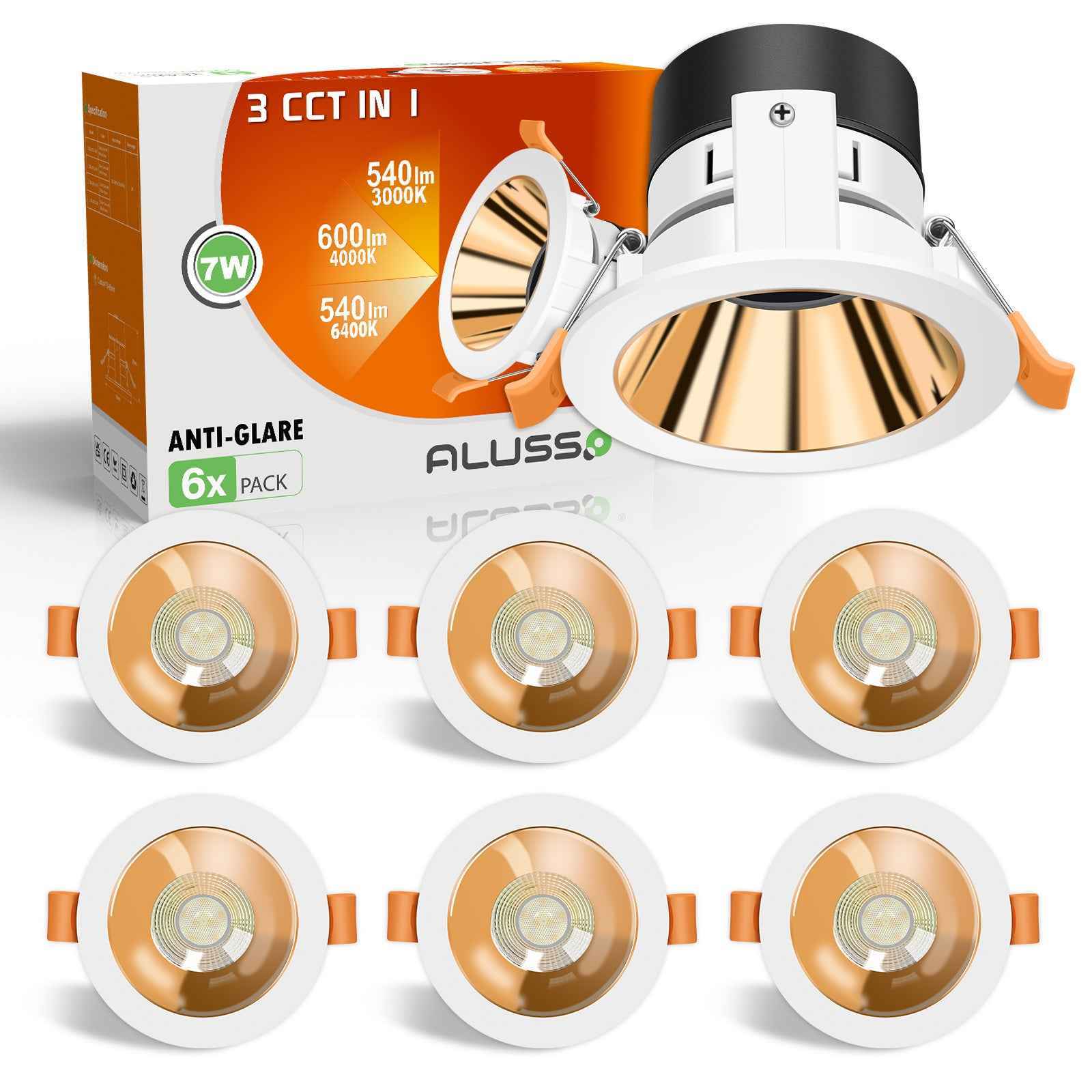 Anti-Glare LED Downlights 7W CCT Cutout 75-80mm, 6 Pack, Golden/Silver with White Frame - ALUSSO LIGHTING