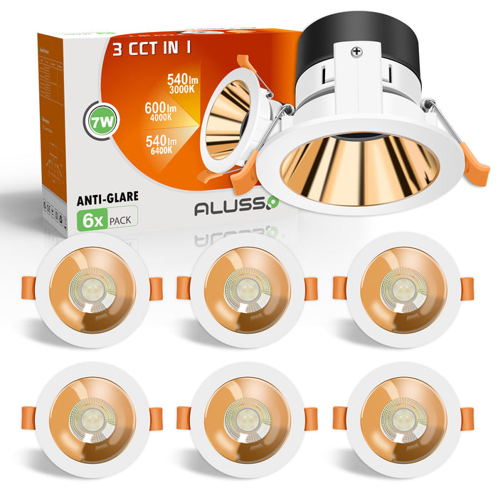 Anti Glare LED Downlights 7W CCT Cutout 75 80mm 6 Pack Golden