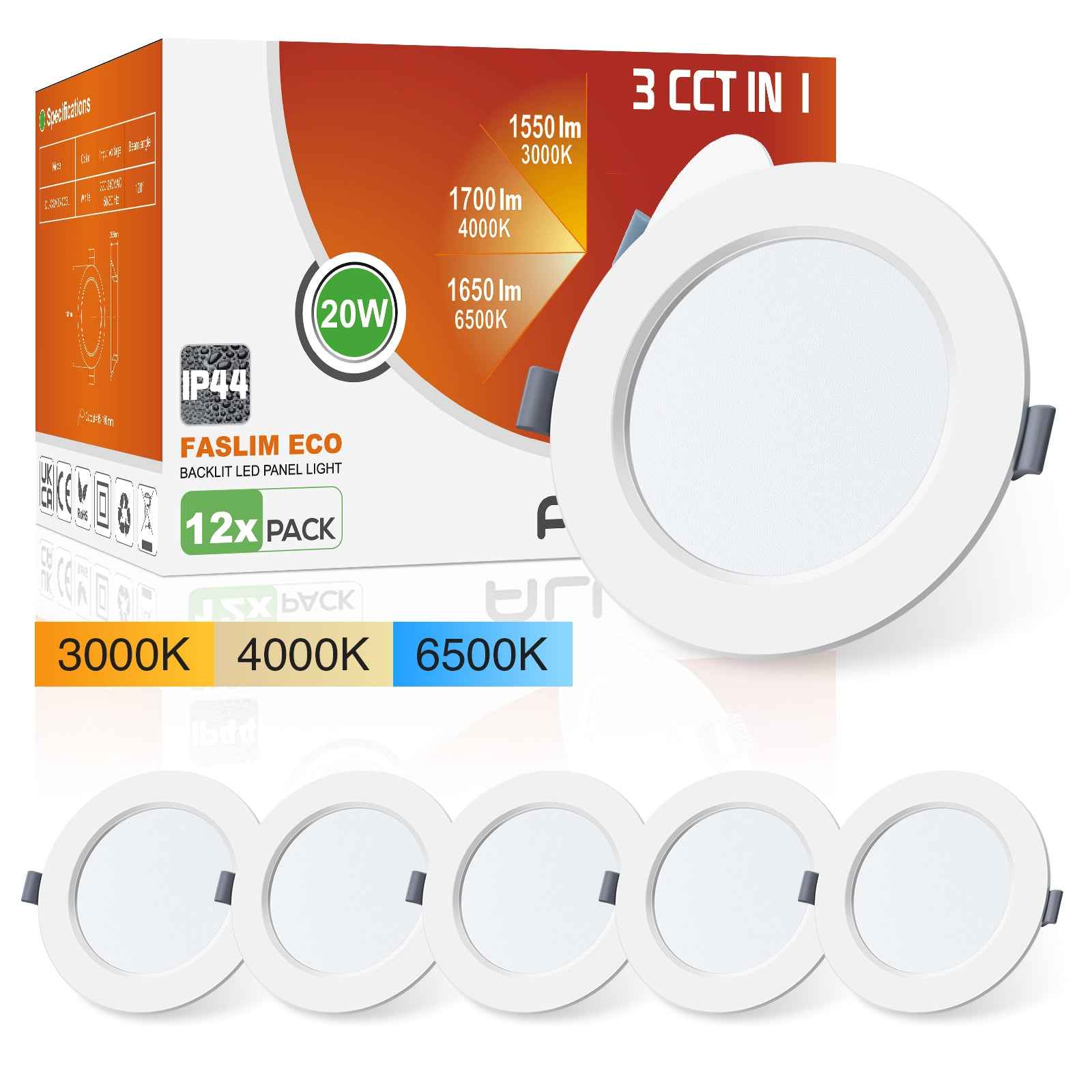 20W Ø190-205mm LED Recessed Ceiling Lights Utral Slim, 3000K-4000K-6500K Changeable, 6 Pack, IP44 - ALUSSO LIGHTING