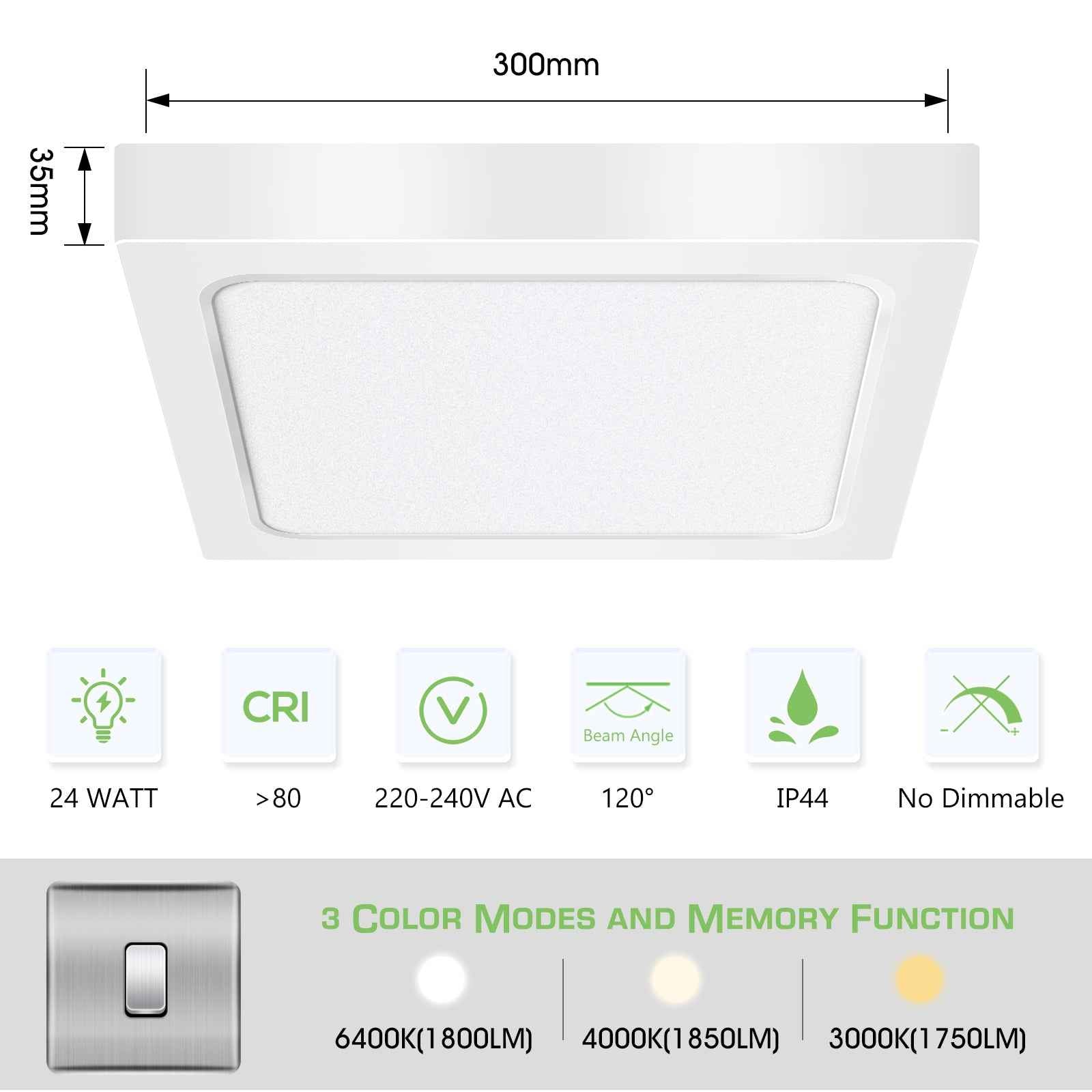 24W Square LED Ceiling Light 1850 Lumen 3 Colors Changeable by Wall Switch - ALUSSO LIGHTING