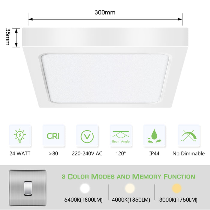 24W Square LED Ceiling Light 1550 Lumen 3 Colors Changeable by Wall Switch