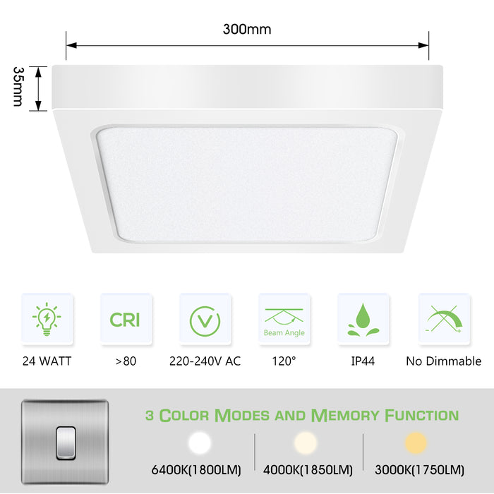 24W Square LED Ceiling Light 1850 Lumen 3 Colors Changeable by Wall Switch