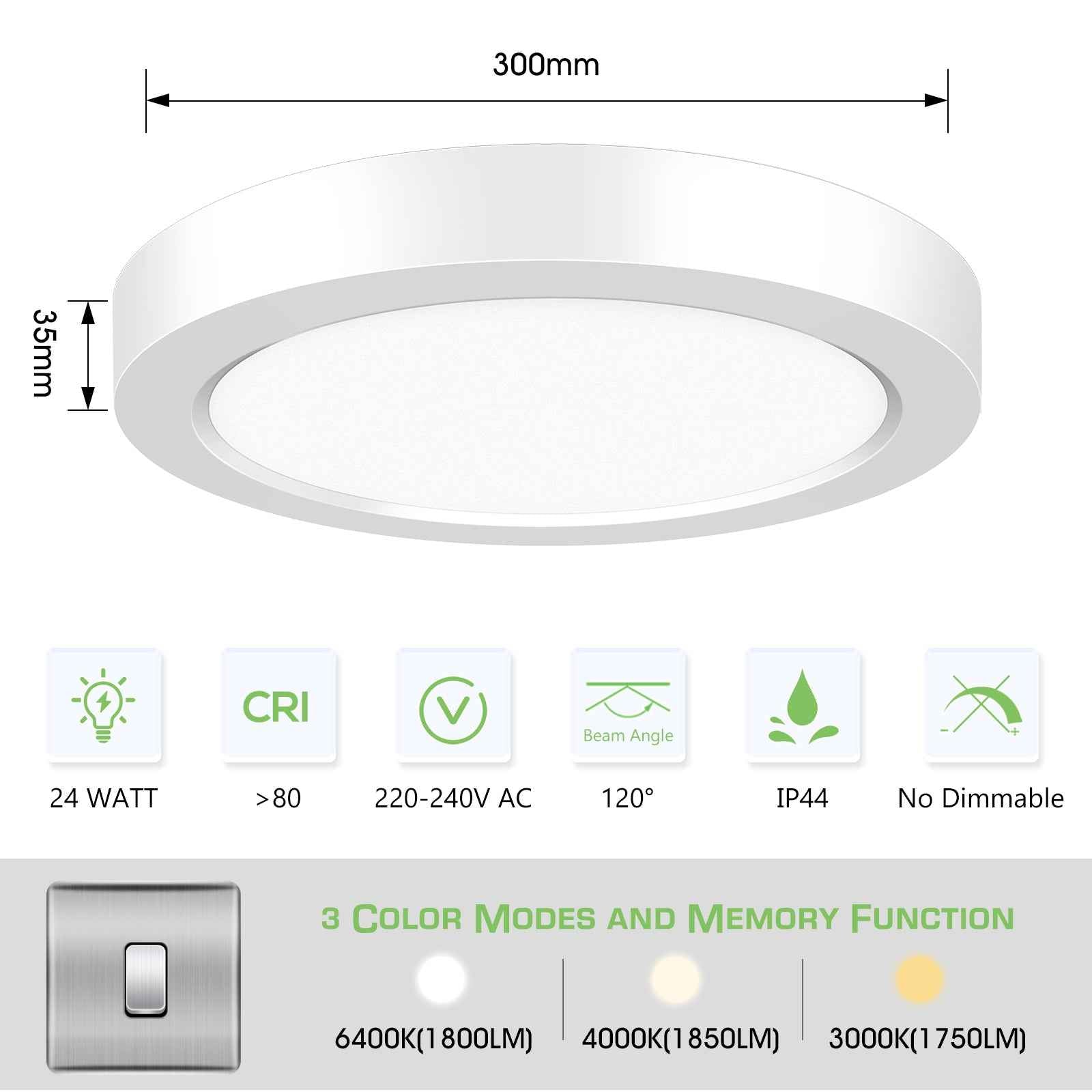 24W Round LED Ceiling Light 1850 Lumen 3 Colors Changeable by Wall Switch - ALUSSO LIGHTING
