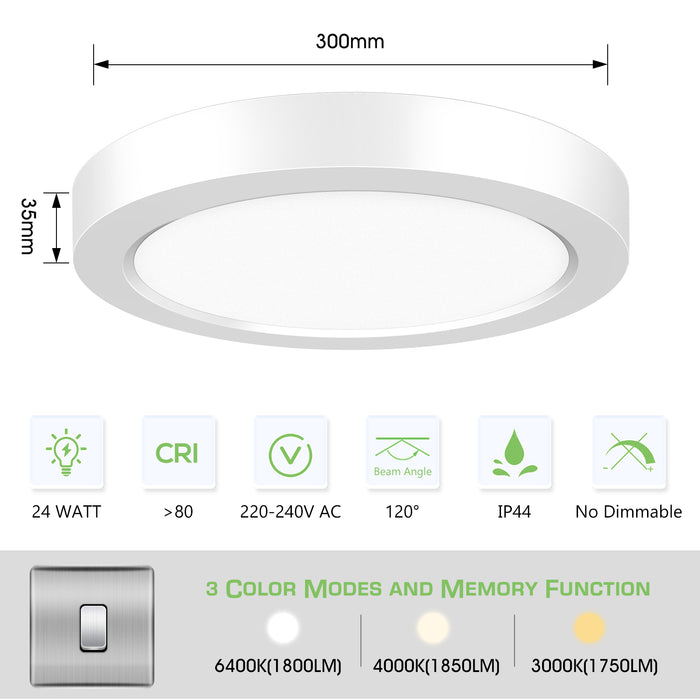 24W Round LED Ceiling Light 1850 Lumen 3 Colors Changeable by Wall Switch