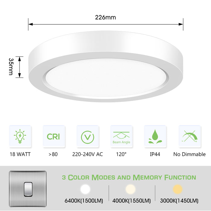18W Round LED Ceiling Light 1550 Lumen 3 Colors Changeable by Wall Switch