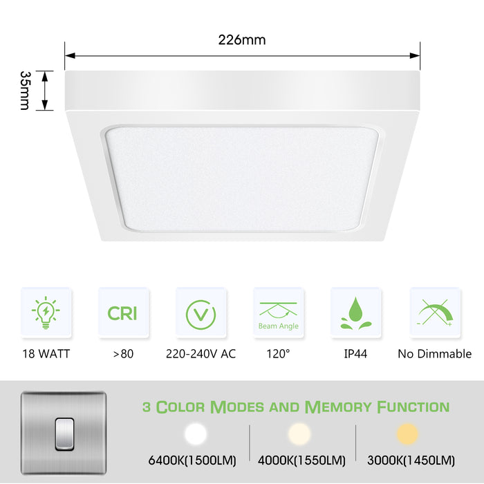 18W Square LED Ceiling Light 1850 Lumen 3 Colors Changeable by Wall Switch