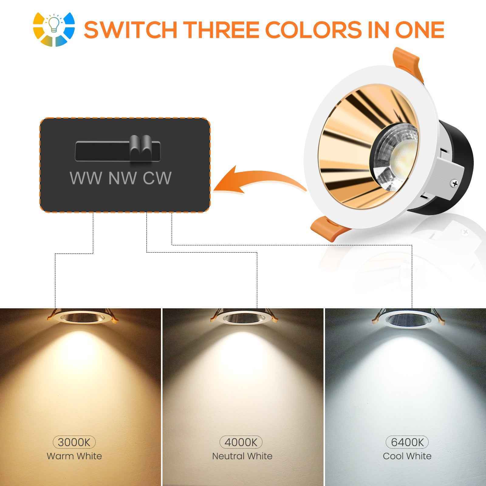 Anti-Glare LED Downlights 7W CCT Cutout 75-80mm, 6 Pack, Golden/Silver with White Frame - ALUSSO LIGHTING