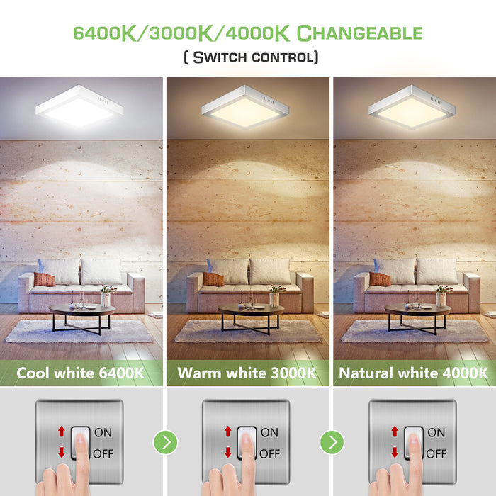 24W Square LED Ceiling Light 1550 Lumen 3 Colors Changeable by Wall Switch