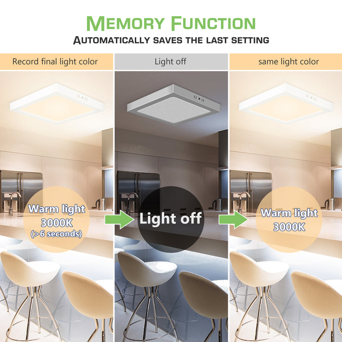 18W Square LED Ceiling Light 1850 Lumen 3 Colors Changeable by Wall Switch