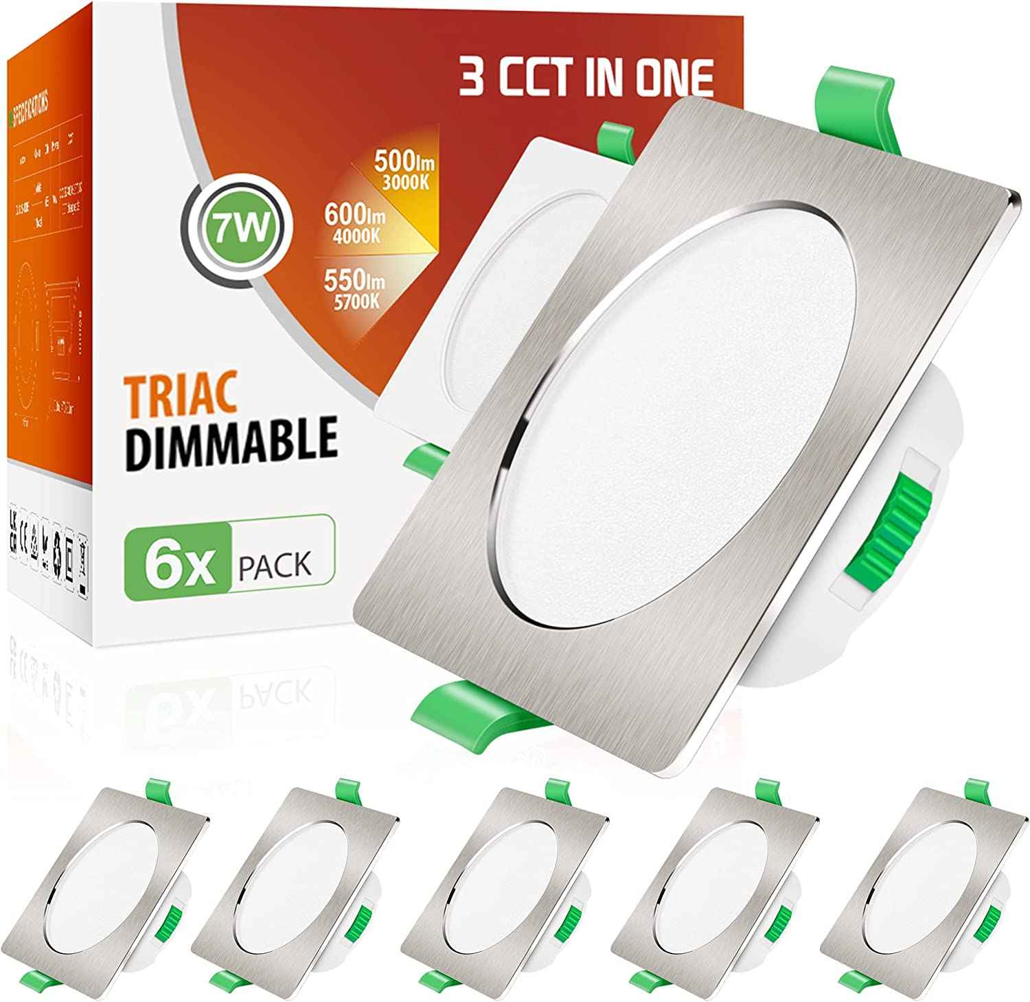 Nickel LED Recessed Ceiling Lights Square IP44 7W 67-75mm, 6 Pack - ALUSSO LIGHTING