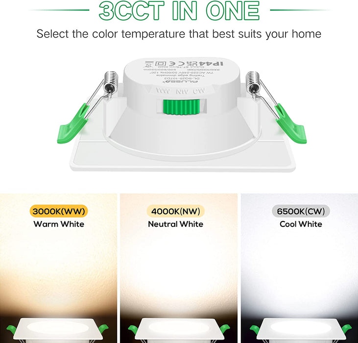 Nickel LED Recessed Ceiling Lights Square IP44 7W 67-75mm, 6 Pack