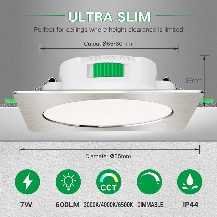 Nickel LED Recessed Ceiling Lights Square IP44 7W 67-75mm, 6 Pack