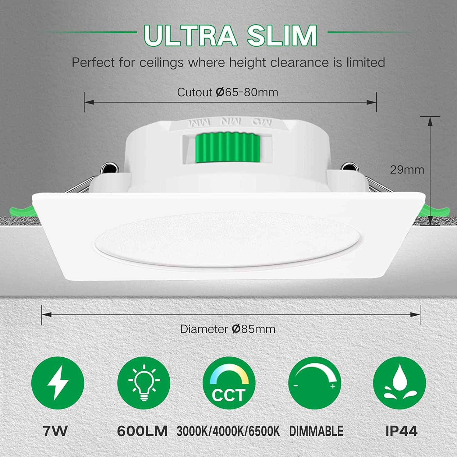 Square LED Recessed Ceiling Lights 7W 67-75mm, 6 Pack - ALUSSO LIGHTING