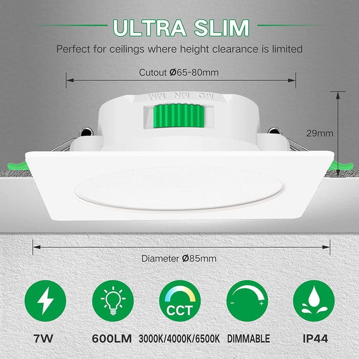 Square LED Recessed Ceiling Lights 7W 67-75mm, 6 Pack