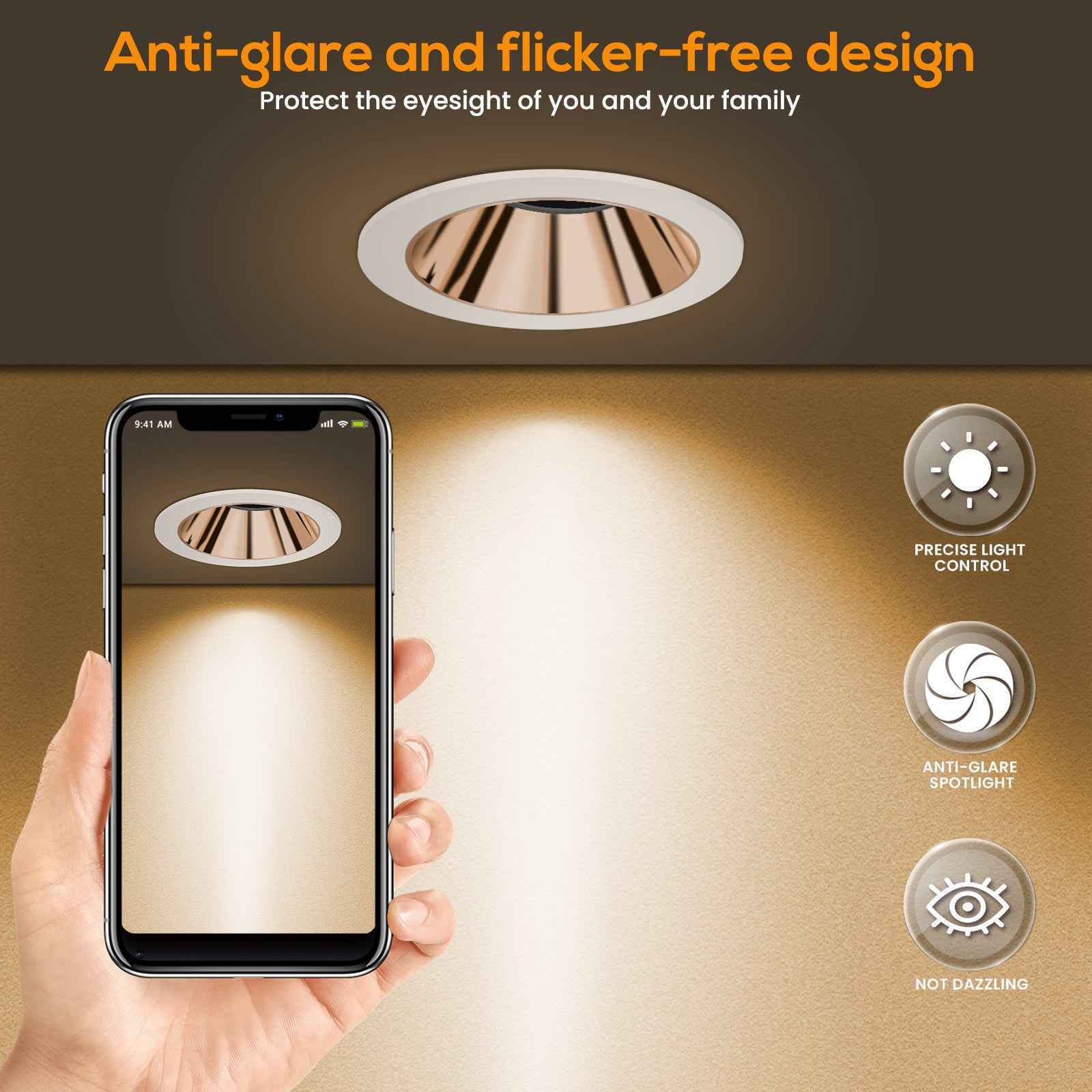 Anti-Glare LED Downlights 7W CCT Cutout 75-80mm, 6 Pack, Golden/Silver with White Frame - ALUSSO LIGHTING