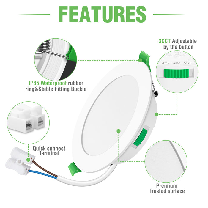 5W 7W IP65 Ultra Slim LED Downlight CCT Dimmable, Cutout 72-100mm, 6 Pack, White Frame