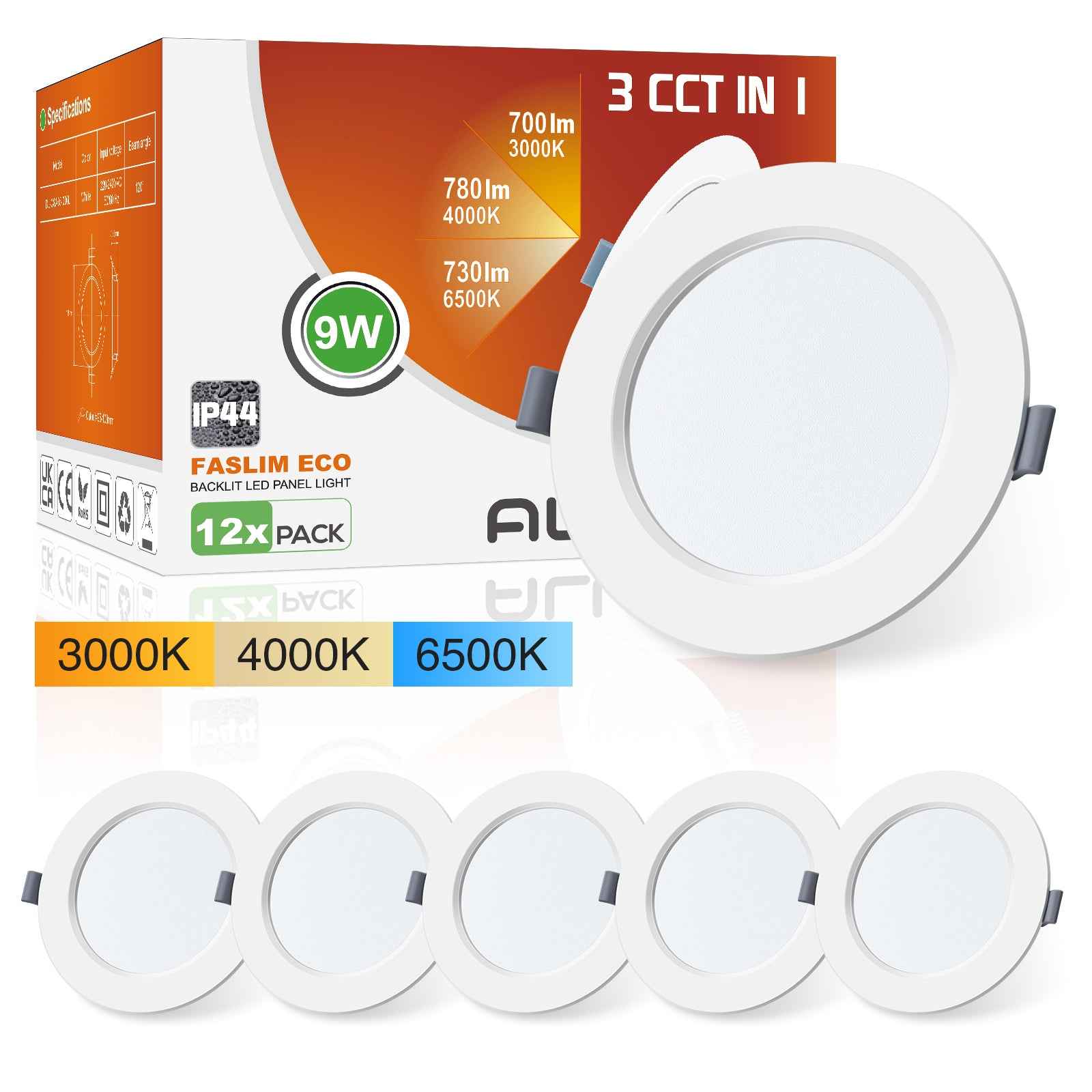 9W Ø120-130mm LED Recessed Ceiling Lights 3000K-4000K-6500K Changeable Utral Slim, IP44, 6 Pack - ALUSSO LIGHTING