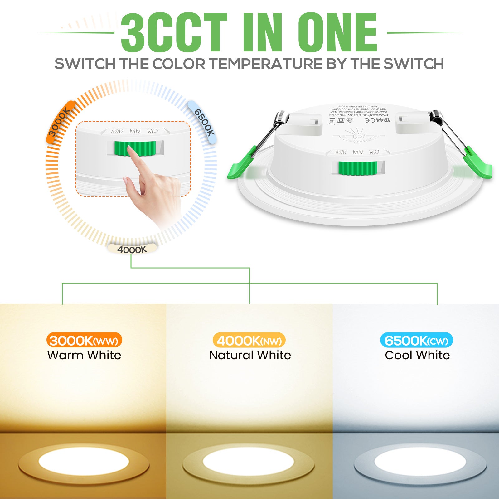 Downlight Frame Color IP65 Ultra Slim LED Downlight CCT Dimmable Cutout 72-100mm White Frame