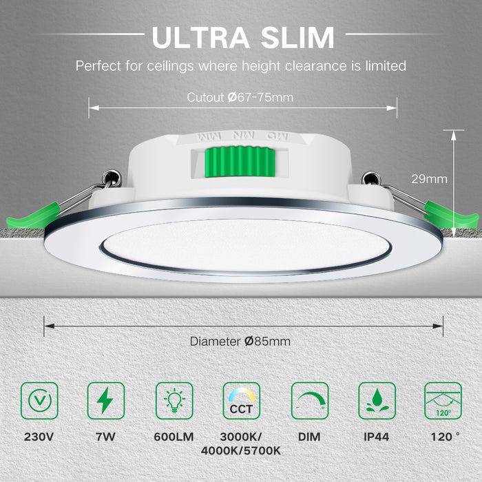 Shiny Chrome 7W CCT Dimmable Donwlights Cutout 67-75mm 6 Pack