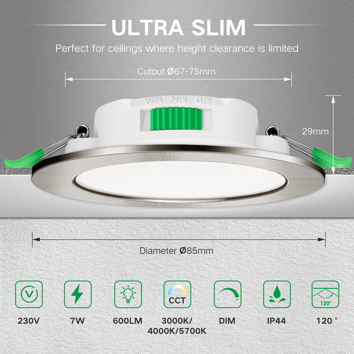 7W Dimmable CCT Ultra Slim Led Downlight Nickel ,Cutout 67-75mm, 6 Pack