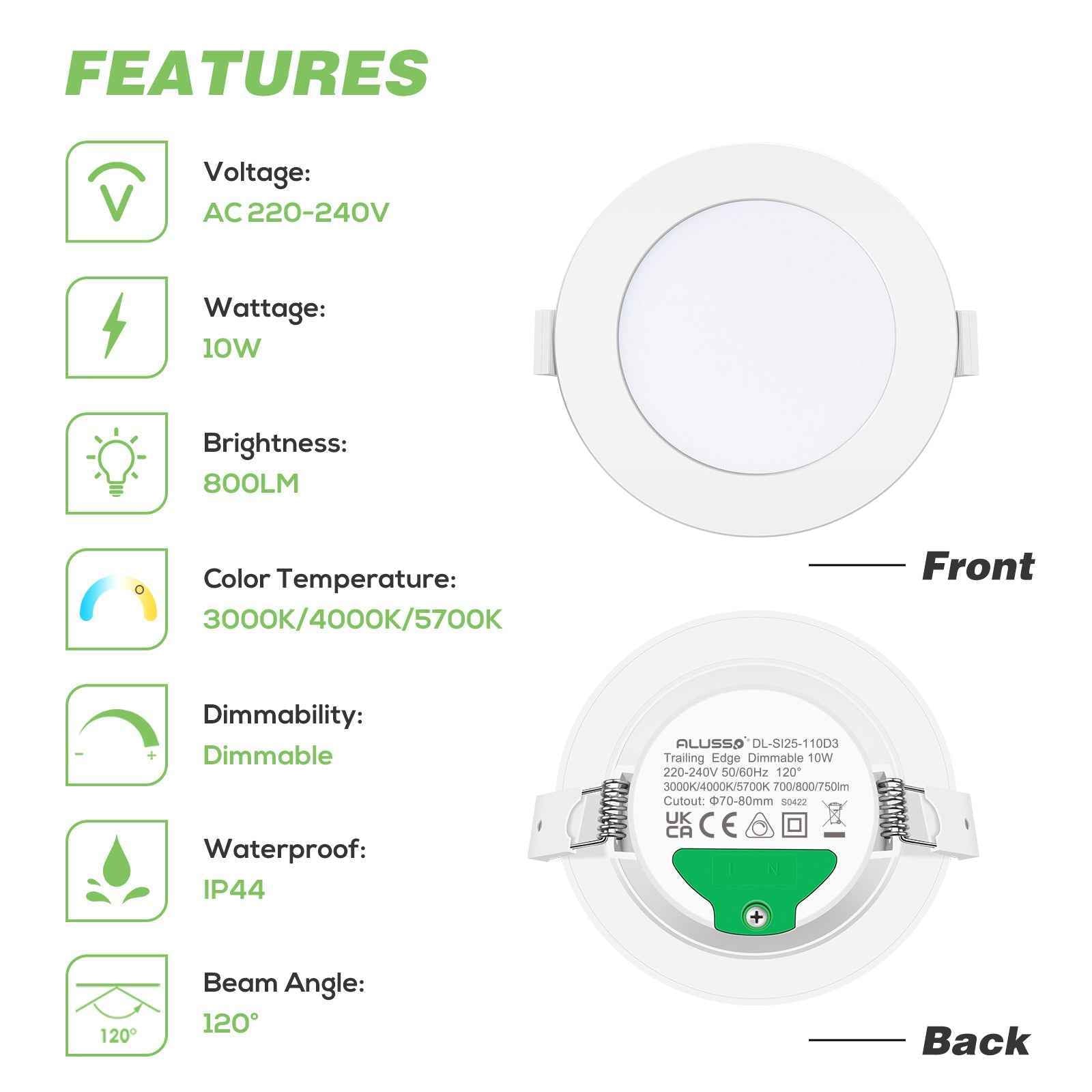 10W/12W/14W Led Downlight Dimmable Tri-coulor IP44/IP65 Recessed Ceiling Lights, 70/90/120mm Cutout, 6 pack - ALUSSO LIGHTING