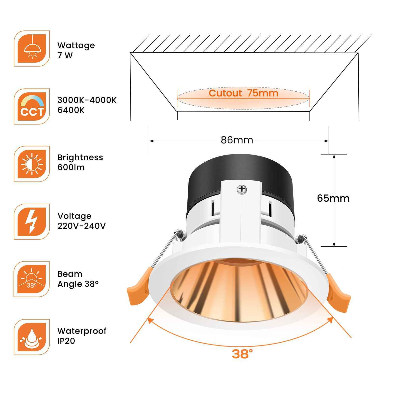 Anti-Glare LED Downlights 7W CCT Cutout 75-80mm, 6 Pack, Golden/Silver with White Frame - ALUSSO LIGHTING