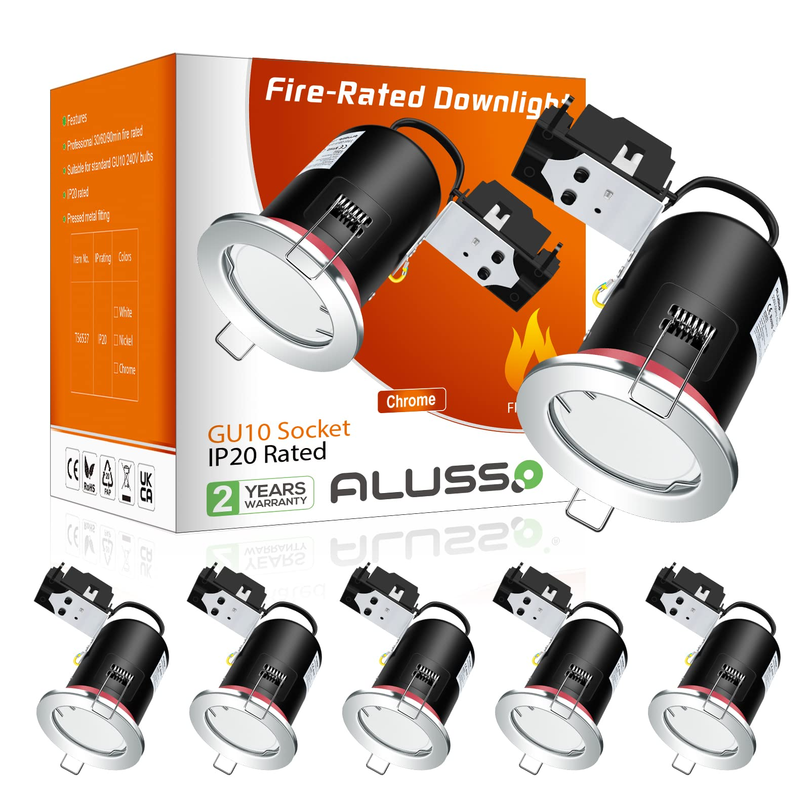 Fire Rated LED Downlight IP20/IP65 Fixed/Tilt Lamp Housing, With/Withgout GU10 Bulbs, Pack of 6 - ALUSSO LIGHTING