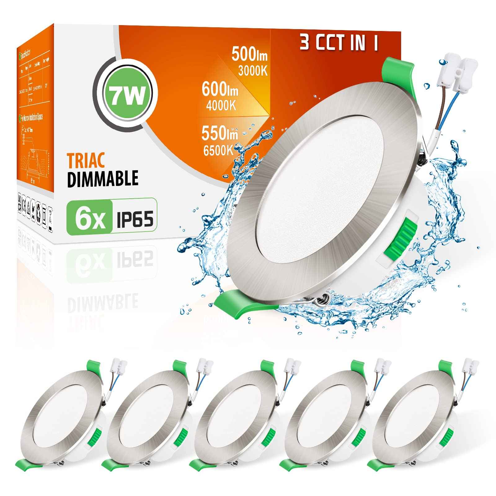 Nickel LED Recessed Lighting 7W IP65 CCT Dimmable, 67-75mm Cutout Spotlights, 6 Pack - ALUSSO LIGHTING