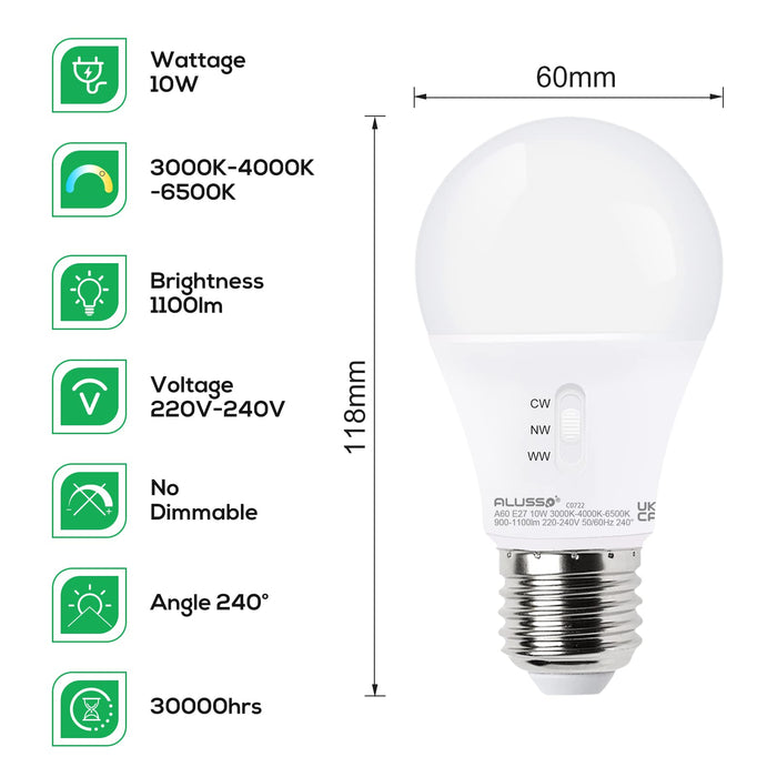 E27 LED Bulb 10 W 3000 K/4000 K /6500 K, 240° Beam Angle Spotlight