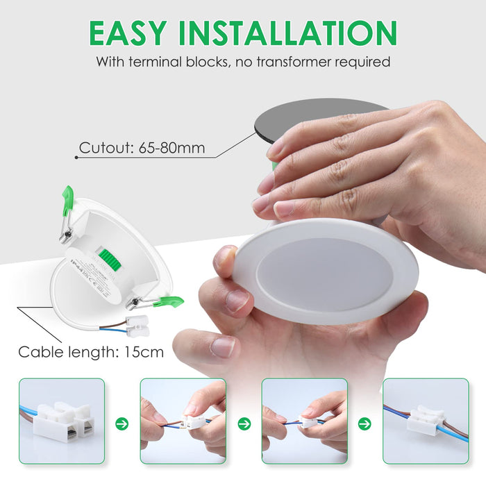 Nickel LED Recessed Lighting 7W IP65 CCT Dimmable, 67-75mm Cutout Spotlights, 6 Pack