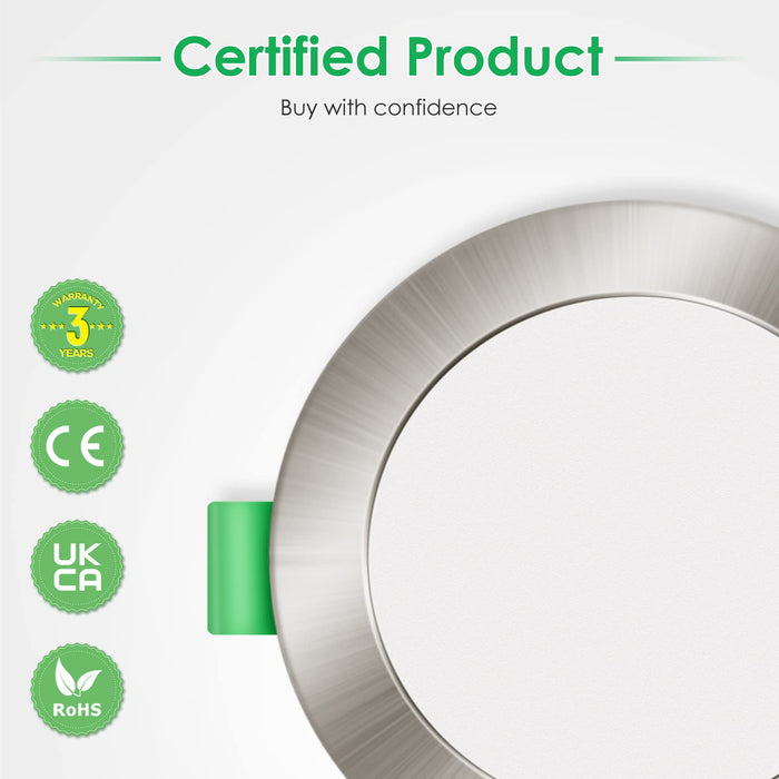 Nickel LED Recessed Lighting 7W IP65 CCT Dimmable, 67-75mm Cutout Spotlights, 6 Pack